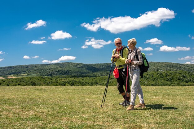 Foto de foco raso de um casal idoso em um grande campo