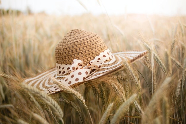 Foto de foco seletivo de um campo de trigo com um chapéu de palha em primeiro plano