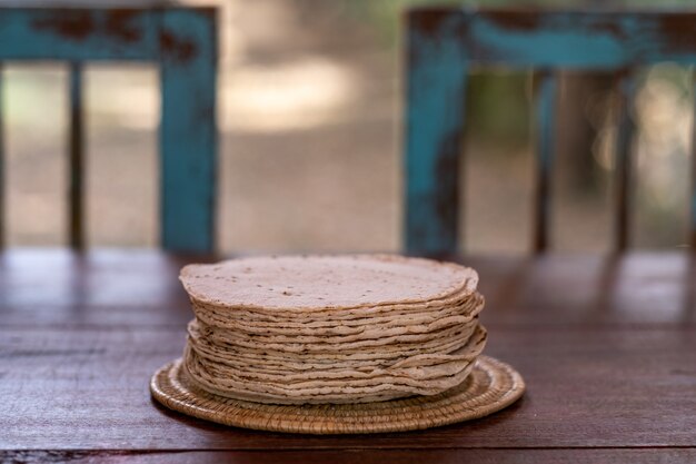 Foto de foco seletivo de um prato de tecido cheio de pão caseiro fresco em uma mesa de madeira