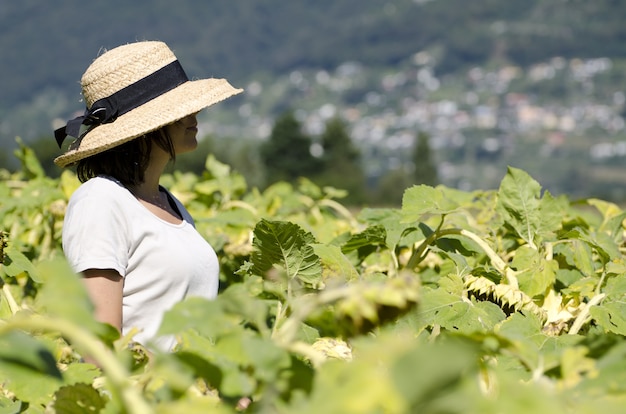 Foto de foco seletivo de uma mulher bonita com chapéu e camisa branca em um campo de plantas verdes