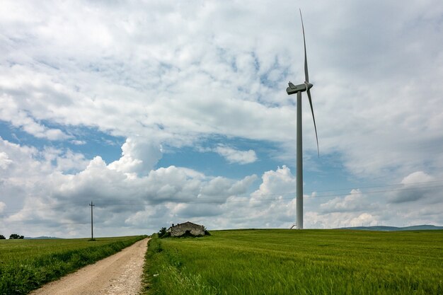 Foto de grande angular de um ventilador de vento próximo a um campo verde sob um céu nublado