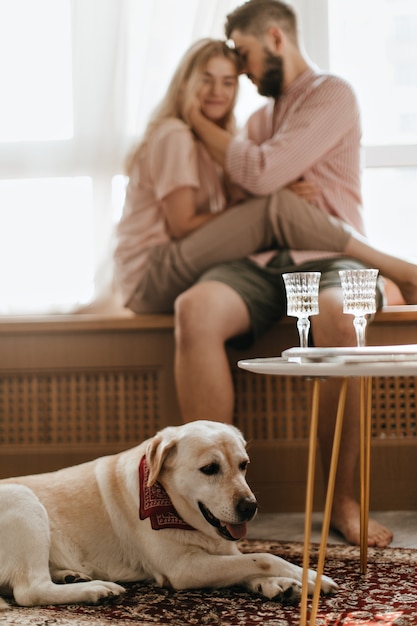 Foto grátis foto de labrador branco com lenço em volta do pescoço, deitado no contexto de seus mestres. casal de namorados está sentado no peitoril da janela.