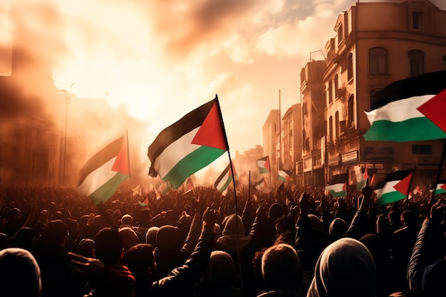 Foto de manifestação em massa com bandeiras palestinas