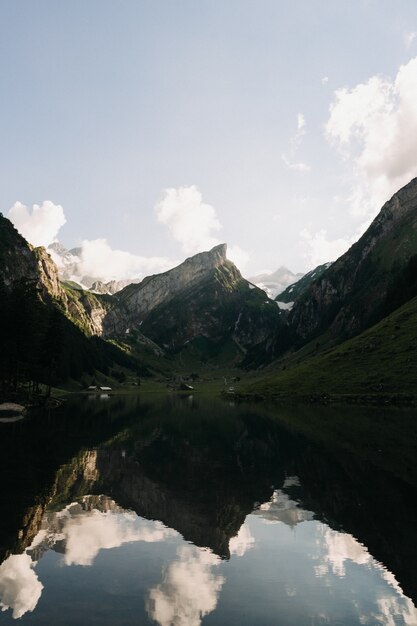 Foto de paisagem de montanhas e colinas com seus reflexos mostrados em um lago sob um céu claro