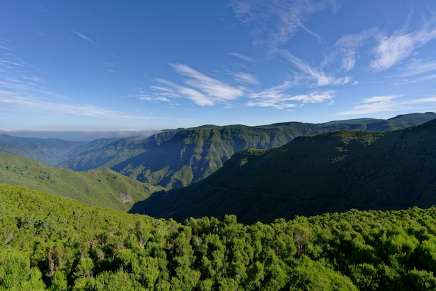 Foto de paisagem distante de colinas e montanhas verdes sob um céu ensolarado