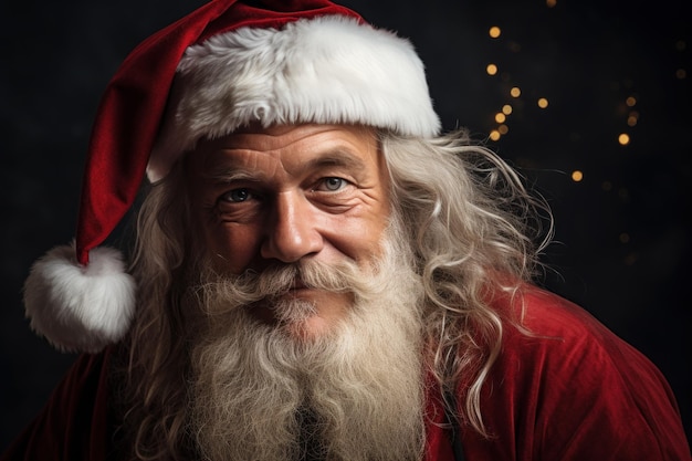 Foto de papai noel klauss com luzes de natal desbotadas ao fundo