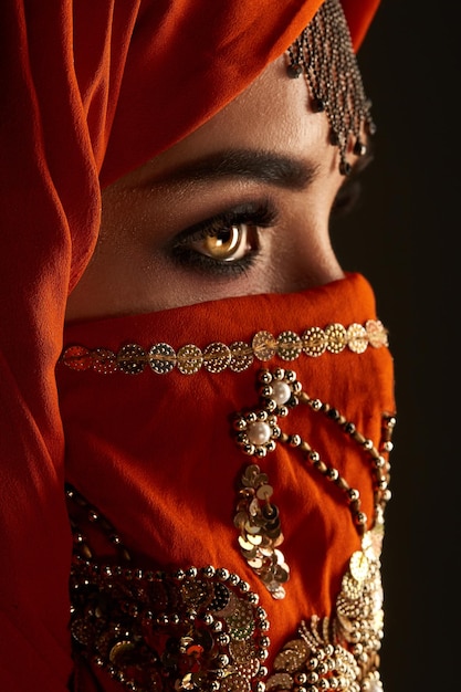 Foto de perfil de close-up de uma jovem simpática com lindos olhos esfumaçados e joias finas na testa, vestindo o hijab de terracota decorado com lantejoulas. ela está posando de lado em um fundo escuro
