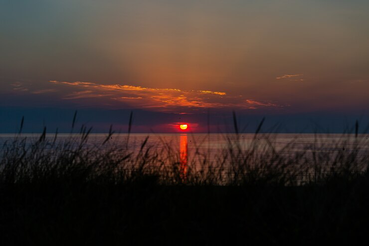 Foto grátis foto de tirar o fôlego do pôr do sol sobre a costa do oceano em vrouwenpolder, zeeland, holanda
