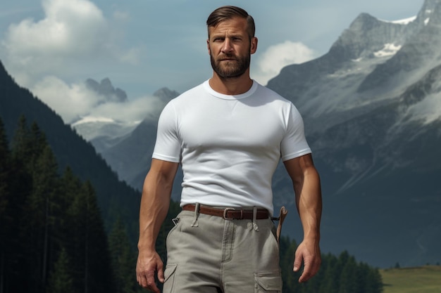 Foto de um homem forte europeu com uma camisa branca tendo como pano de fundo as montanhas suíças