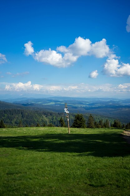 Foto de um poste de sinalização contra uma paisagem de árvores e colinas