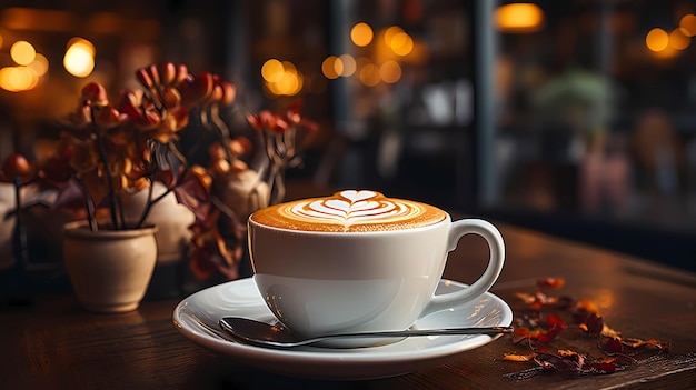 Foto de uma xícara de café sobre uma mesa