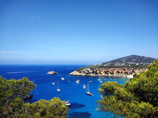 Foto do tempo ensolarado na costa perto de Ibiza, cheia de barcos