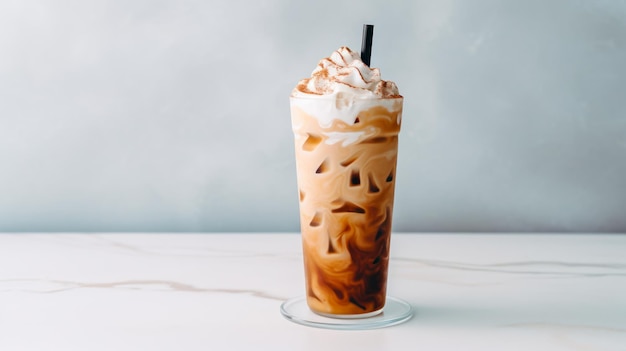 Foto elegante de um copo de café gelado em fundo claro