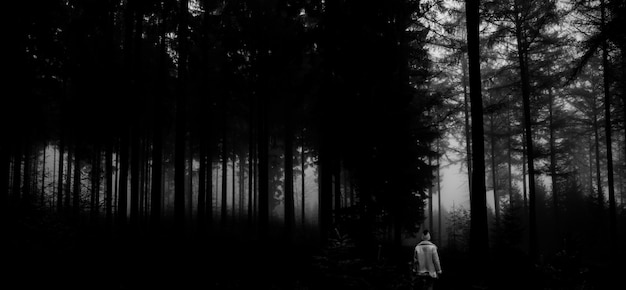 Foto em preto e branco de uma pessoa na floresta