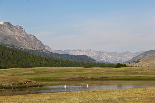 Foto grande angular das montanhas em frente a uma grande paisagem