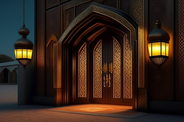 Foto grátis foto gratuita ramadan kareem eid mubarak lâmpada elegante real com entrada da mesquita portão sagrado