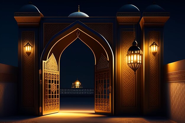 Foto gratuita Ramadan Kareem Eid Mubarak Lâmpada elegante real com entrada da mesquita Portão Sagrado