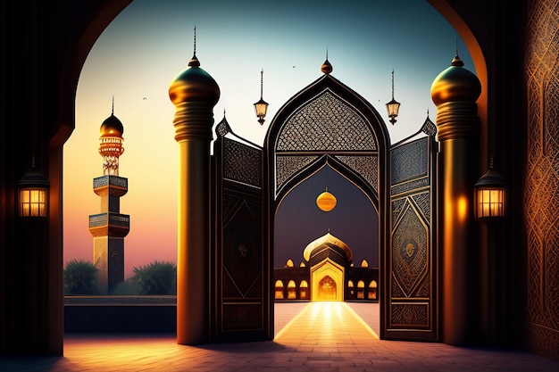 Foto gratuita Ramadan Kareem Eid Mubarak Lâmpada elegante real com entrada da mesquita Portão Sagrado