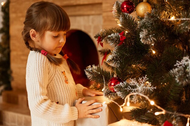 Foto interna de uma linda garotinha em pé perto da árvore de Natal, mantendo as mãos na caixa de presente, terminando para decorar a árvore de Natal, vestindo um suéter branco quente estilo casual.