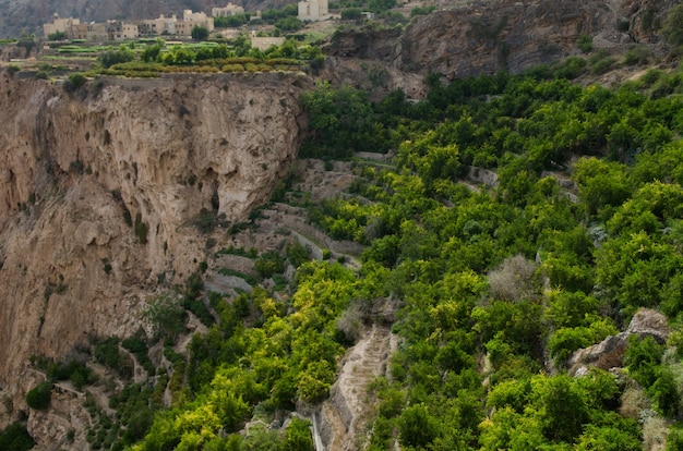Foto panorâmica de montanhas e penhascos enormes e pitorescos parcialmente cobertos por árvores verdes
