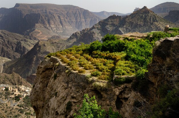 Foto grátis foto panorâmica de montanhas enormes e pitorescas e penhascos parcialmente cobertos por árvores verdes