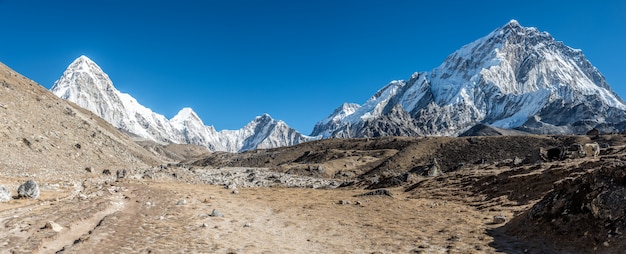 Foto panorâmica de um belo vale cercado por montanhas cobertas de neve.