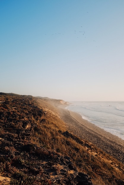 Foto vertical da praia ao nascer do sol no oceano calmo