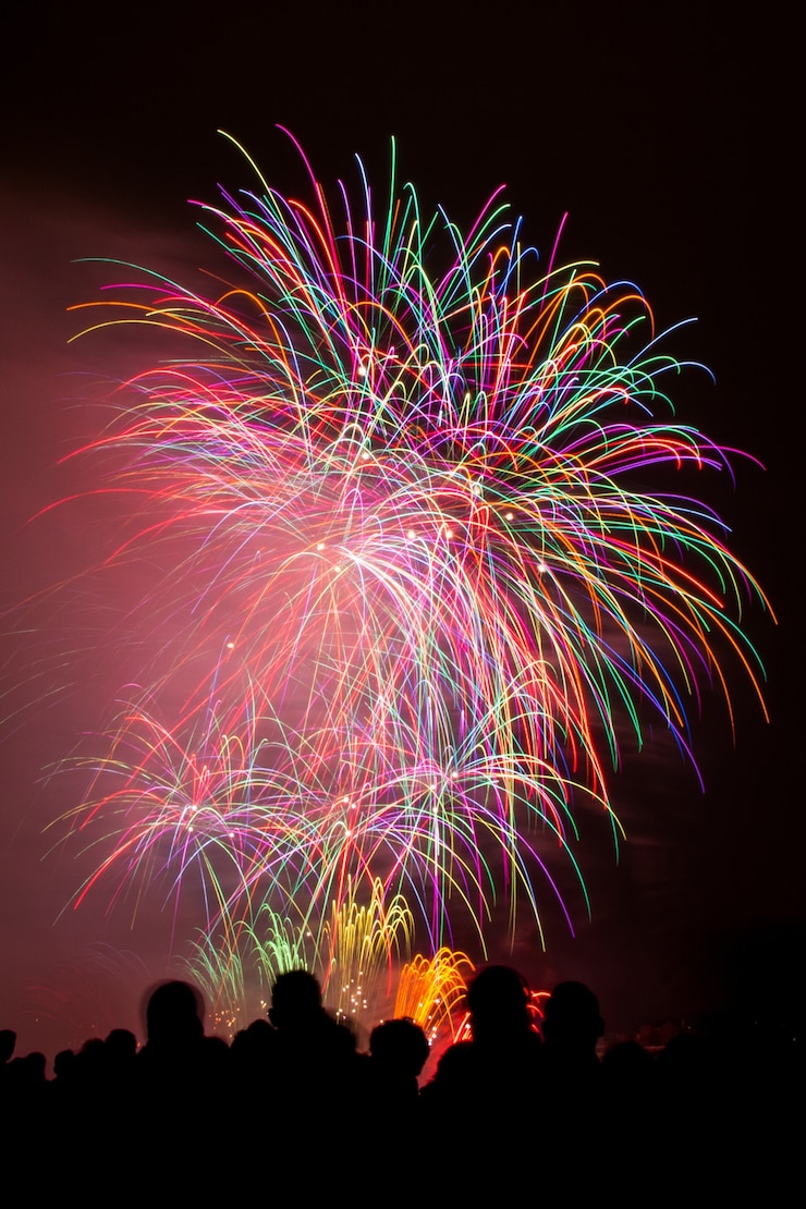 Foto grátis foto vertical de lindos fogos de artifício coloridos sob o céu escuro da noite