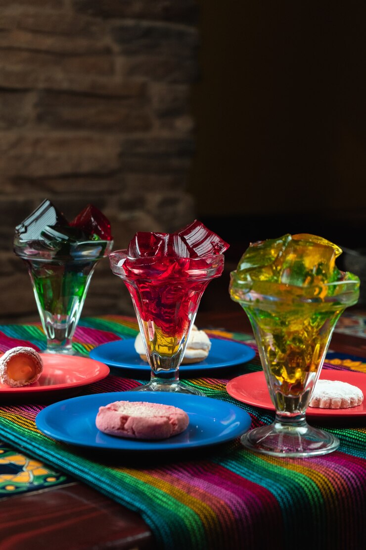 Foto grátis foto vertical de sobremesas de geleia doces coloridas ao lado de pratos de biscoitos