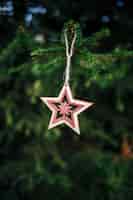 Foto grátis foto vertical de um enfeite de natal em forma de estrela de madeira pendurado em um pinheiro