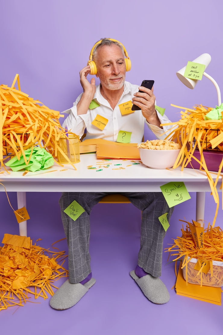 Foto grátis foto vertical de um homem idoso barbudo trabalhando em um escritório em casa com o celular na mão ouve música com fones de ouvido vestido com roupas domésticas e faz uma lista do que fazer em post-its na mesa interna