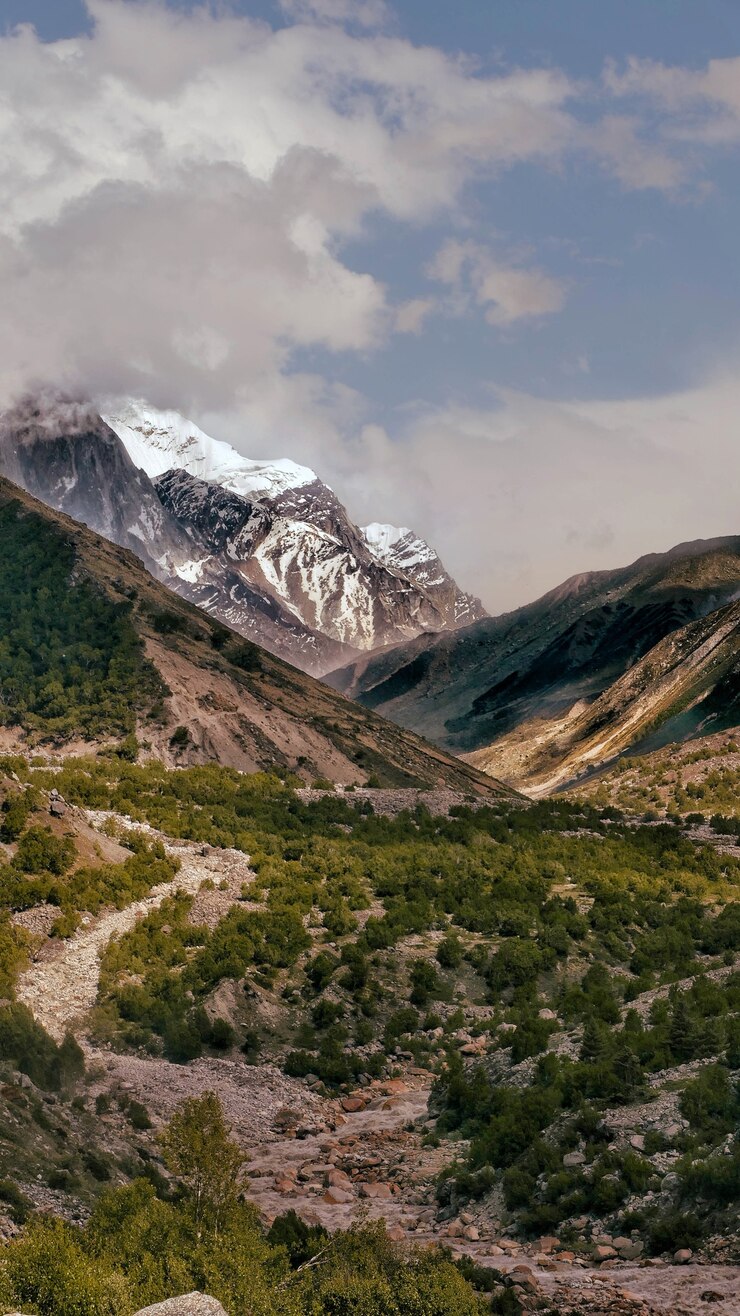 Foto grátis foto vertical de um rio ganga com montanhas cobertas de neve