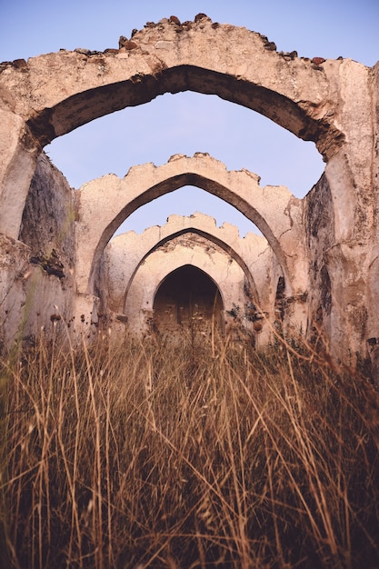 Foto grátis foto vertical de uma antiga ruína com teto arqueado em um campo gramado seco sob um céu azul