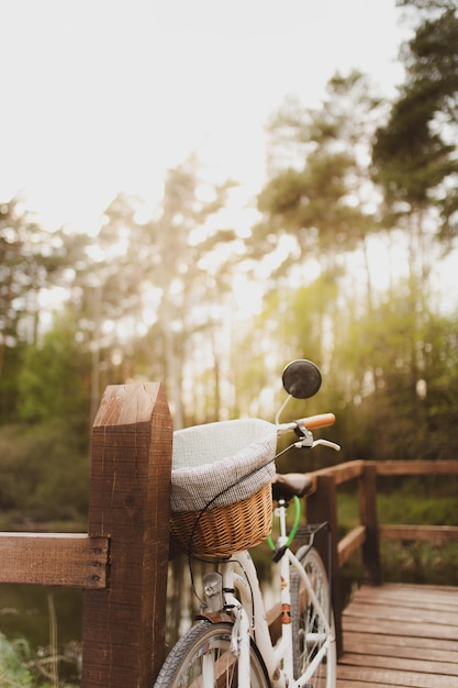 Foto vertical de uma bicicleta estacionada em uma ponte de madeira na floresta