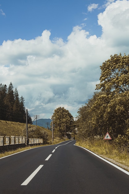 Foto grátis foto vertical de uma estrada de asfalto vazia através de montanhas sob um céu nublado