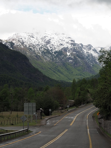 Foto vertical de uma estrada e montanhas cobertas de árvores com picos nevados