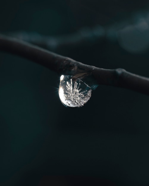 Foto vertical de uma gota de água congelando