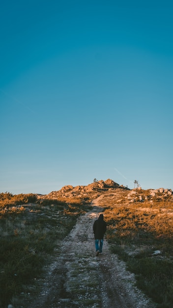 Foto vertical de uma pessoa solitária com um moletom caminhando ao longo de um caminho