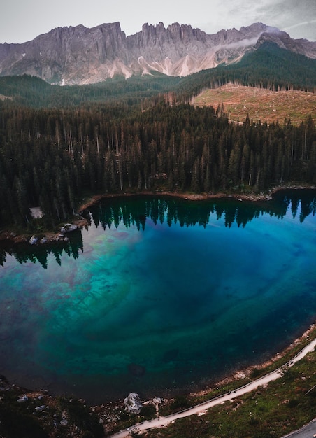 Foto vertical do Lago Carezza cercado pelas Dolomitas e vegetação no Tirol do Sul, Itália