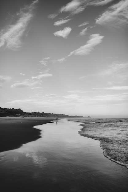 Foto vertical em tons de cinza de uma onda e a praia em Dunedin, Nova Zelândia