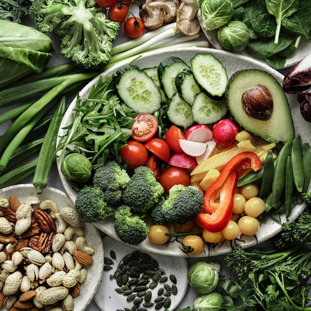 Fotografia de alimentos com vegetais crus e nozes