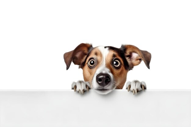 fotografia de cachorro surpreso olhando por trás de um banner branco de moldura longa