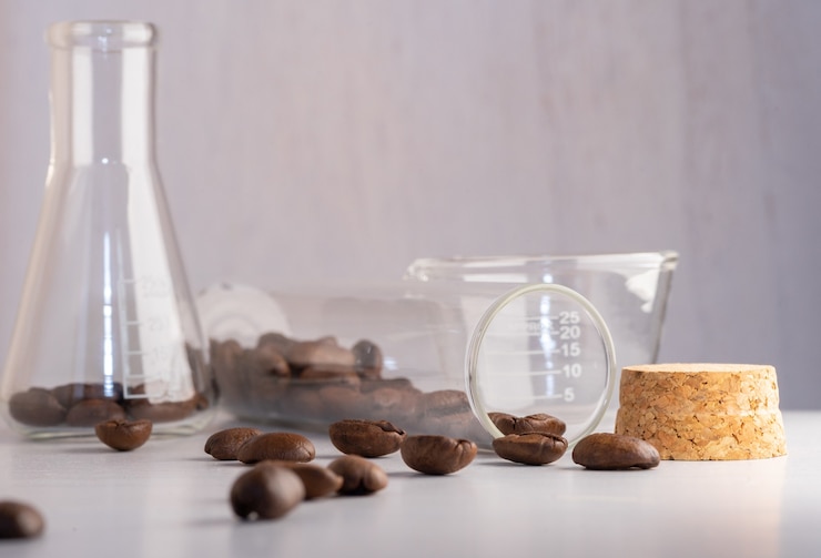 Foto grátis fotografia em close de grãos de café em vidro de laboratório sendo testado
