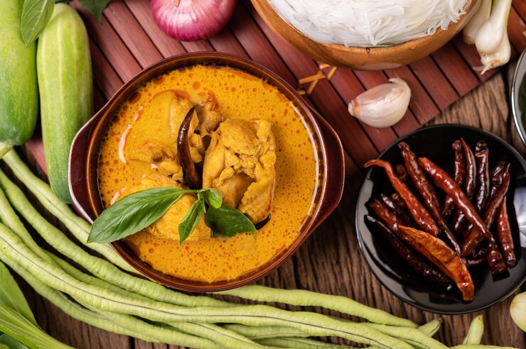 Foto grátis frango com curry vermelho em uma tigela com pimentões secos, manjericão, pepino e feijão longo