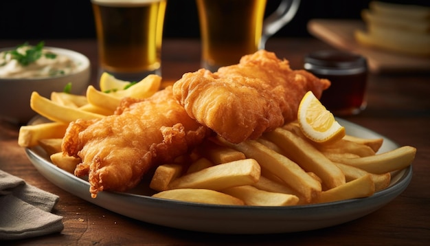 Foto grátis frango frito com frutos do mar e batatas enchem o prato gerado por ia