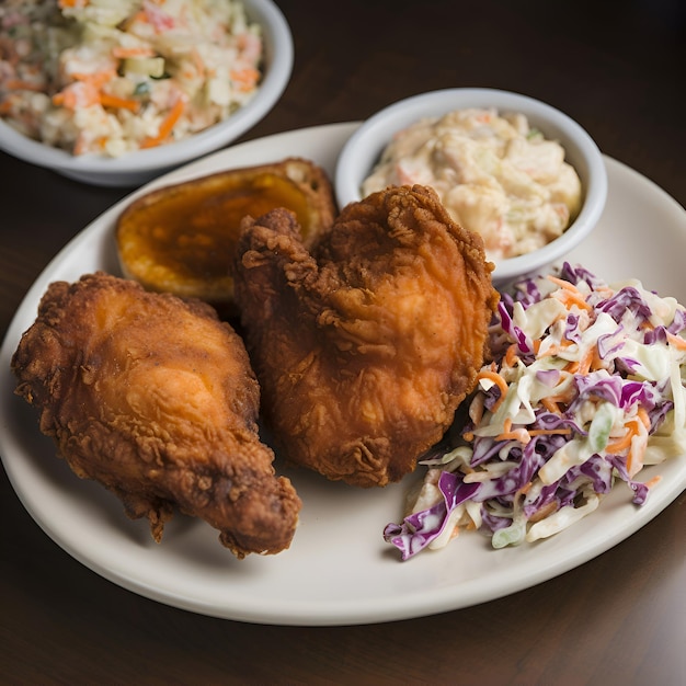 Foto grátis frango frito com salada de repolho em um prato branco