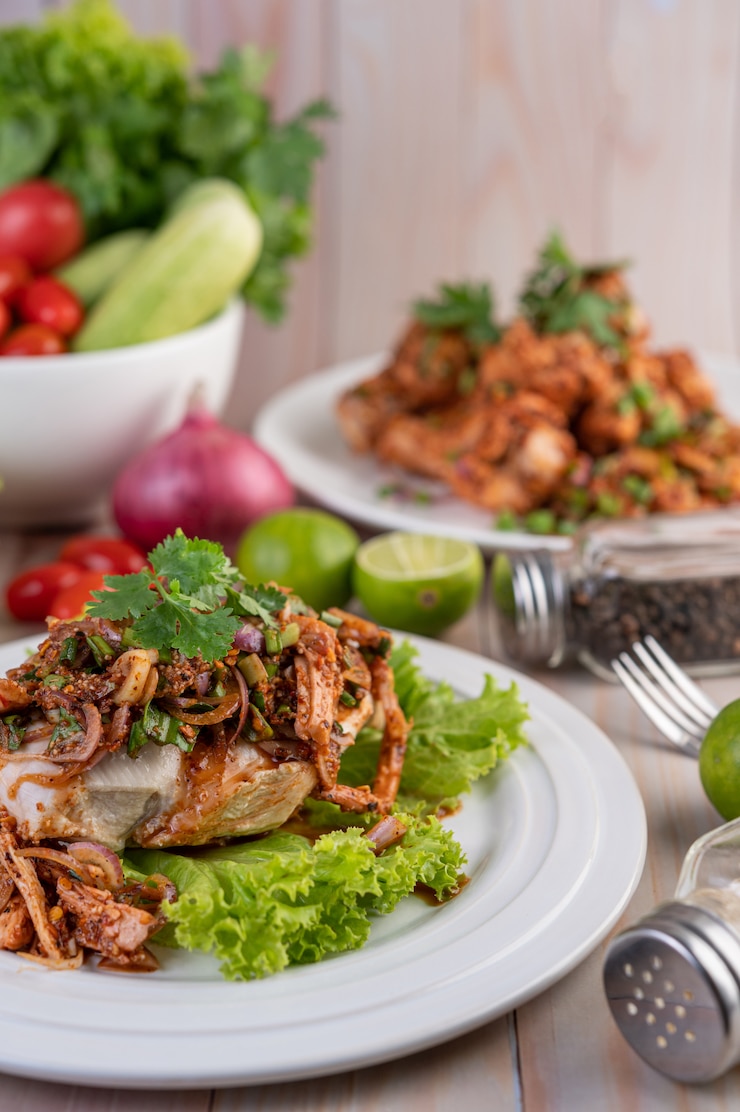 Foto grátis frango picado picante em um prato branco, completo com pepino, alface e acompanhamentos.