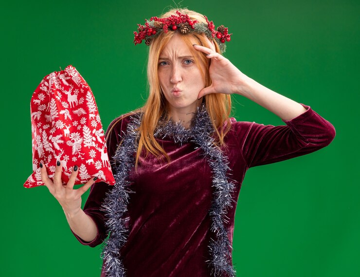 Foto grátis franzindo os lábios jovem linda com um vestido vermelho com grinalda e guirlanda no pescoço segurando a sacola de natal e colocando a mão na cabeça isolada sobre fundo verde