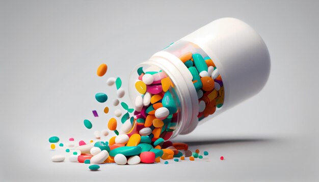 Frasco de remédio derramando pílulas coloridas retratando riscos de dependência de IA generativa
