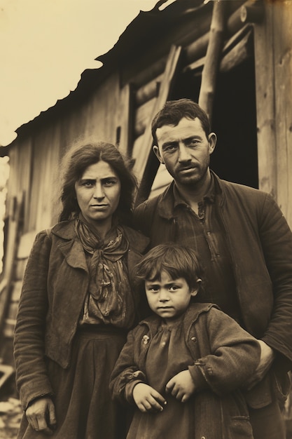 Frente vista bela família posando retrato vintage